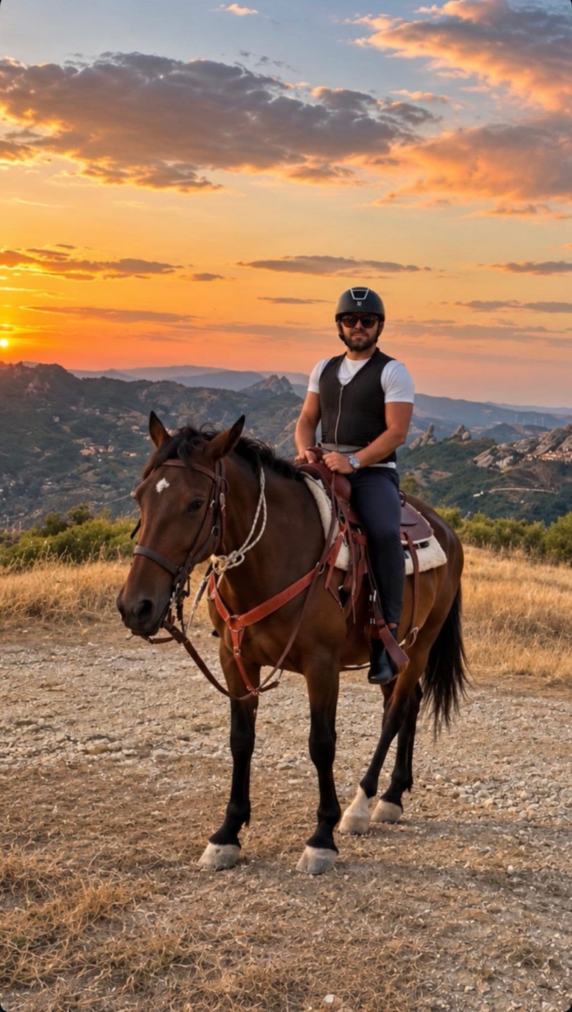 Cavaliere in sella al tramonto con le guglie di Pietrapertosa sullo sfondo